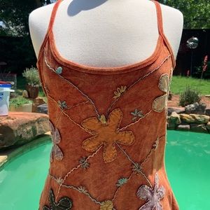 Rising International Boho tank top rust with flower appliqué spaghetti straps